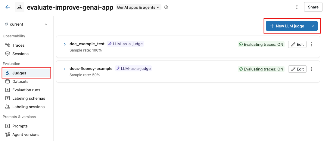 MLflow 実験の [Judges]\(ジャッジ\) タブ。