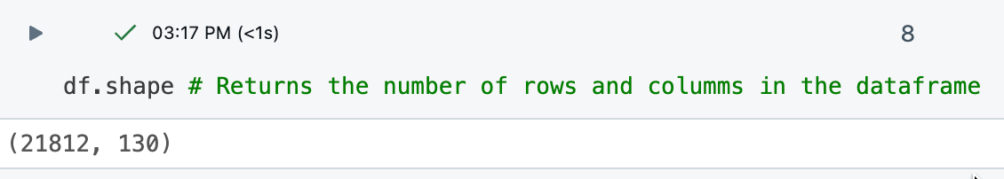 df.shape を表示するセル出力。