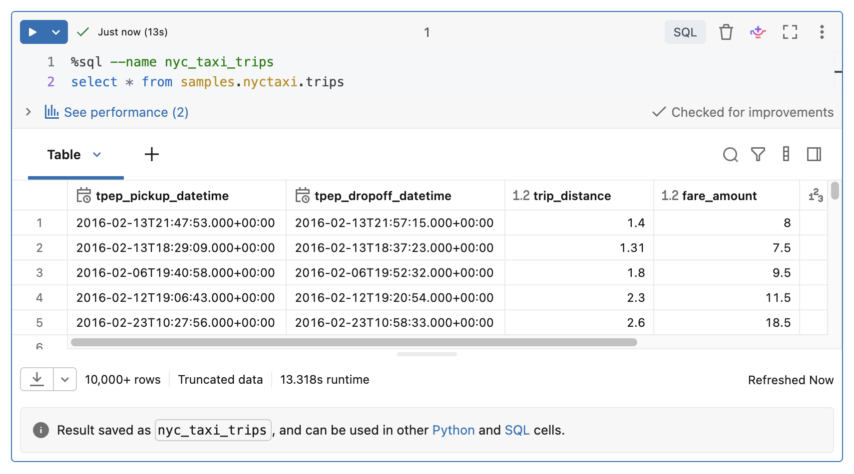 SQLセル出力は結果バナーにnyc_taxi_tripsとして保存されます。