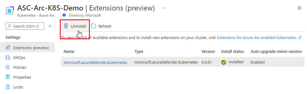 Arc 対応 Kubernetes クラスターからの拡張機能の削除。