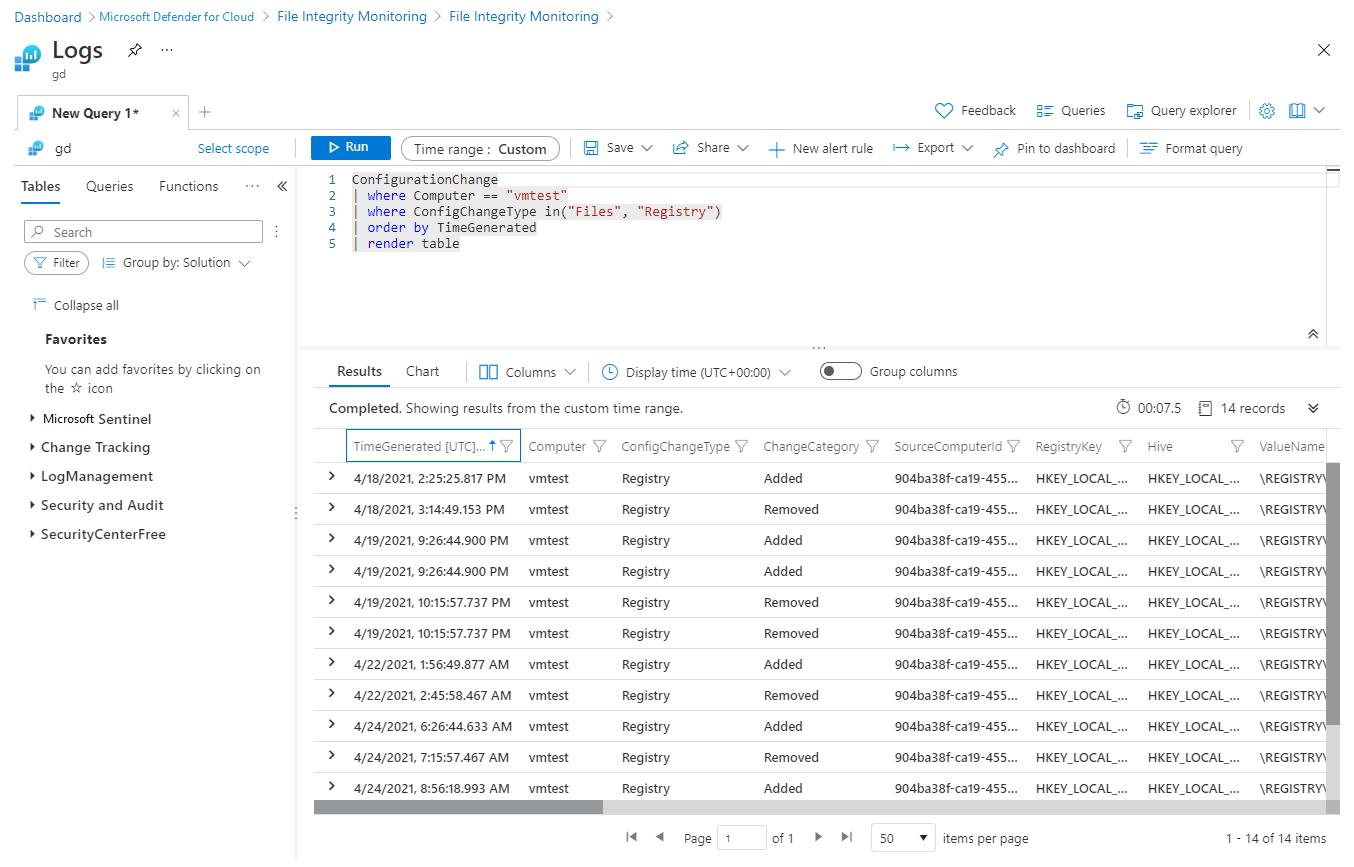 Microsoft Defender for Cloud のファイルの整合性の監視によって識別された変更を示す Log Analytics クエリのスクリーンショット。