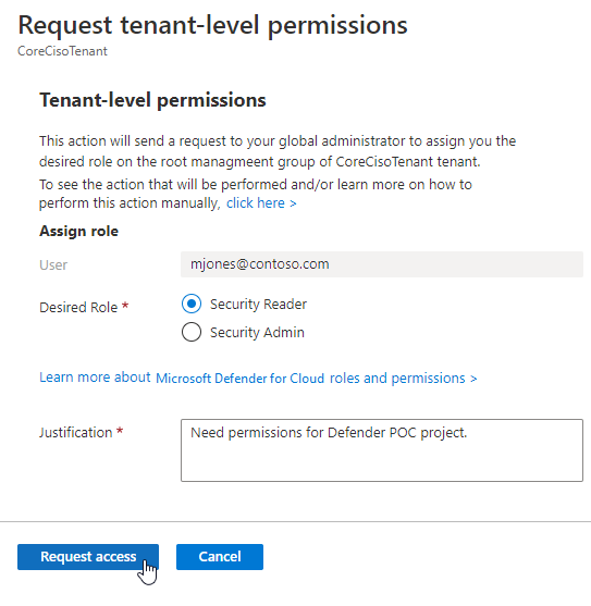 Azure グローバル管理者にテナント全体のアクセス許可を要求するための詳細ページ。