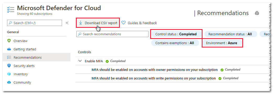 フィルター処理された推奨事項を CSV ファイルにエクスポートする。