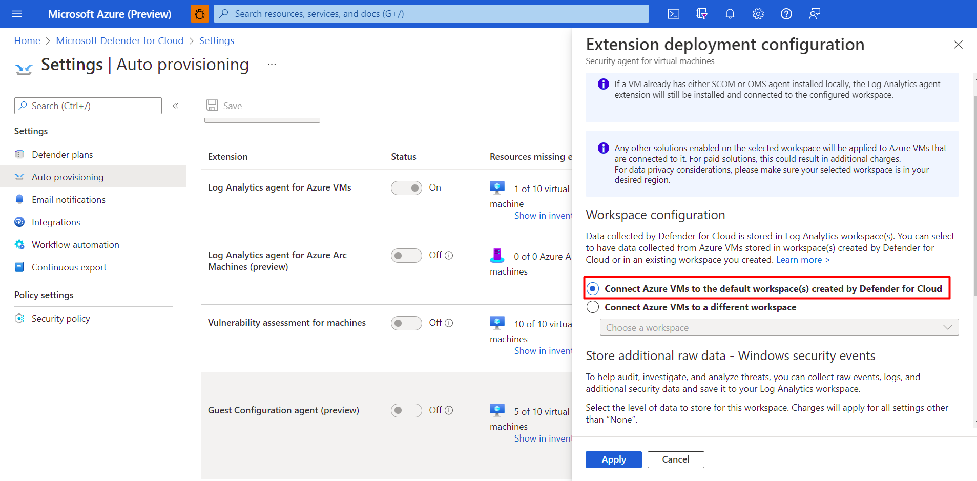 Screenshot showing how to auto-provision Defender for Cloud to manage your workspaces.