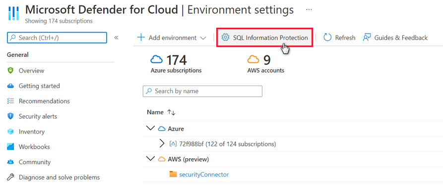 Microsoft Defender for Cloud の環境設定ページから SQL Information Protection ポリシーへのアクセス。