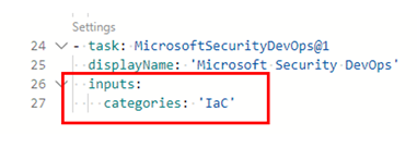 パイプライン構成 YAML ファイルに IaC カテゴリ行を追加する場所を示すスクリーンショット。