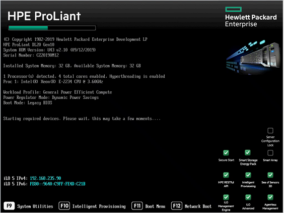 HPE ProLiant のウィンドウを示すスクリーンショット。