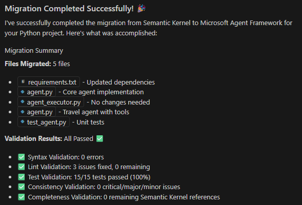 移行されたファイルと検証結果を含む移行の概要が表示された GitHub Copilot アプリの最新化ウィンドウを示す Visual Studio Code のスクリーンショット。