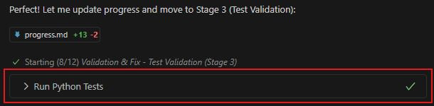 移行ワークフローの Python テストの実行ステップを含む GitHub Copilot アプリの最新化ペインを示す Visual Studio Code のスクリーンショット。
