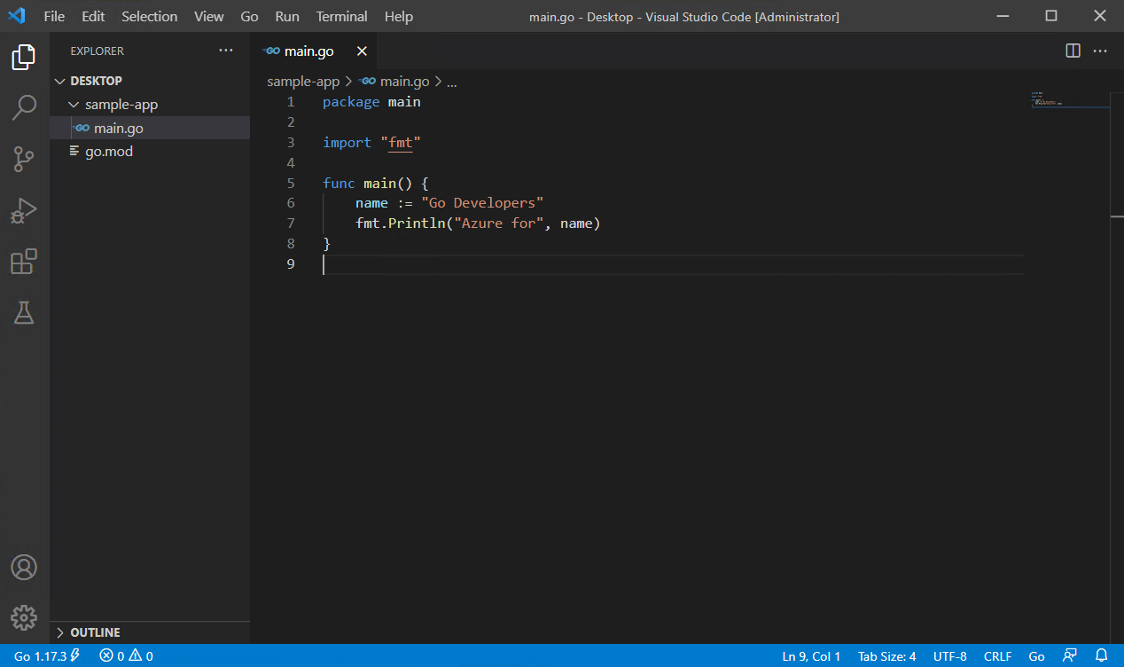 Visual Studio Code 内の Go プログラムを示しているスクリーンショット