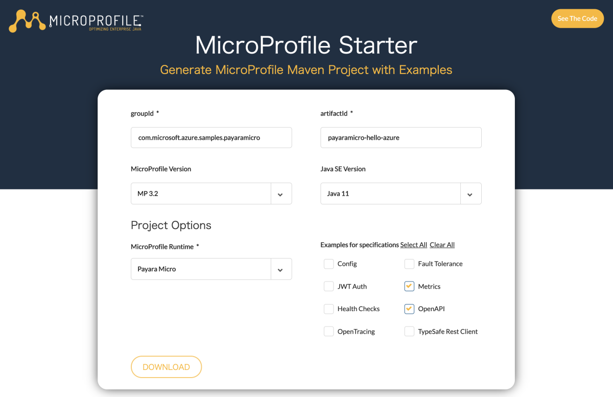 Payara Micro ランタイムが選択された MicroProfile Starter を示すスクリーンショット。