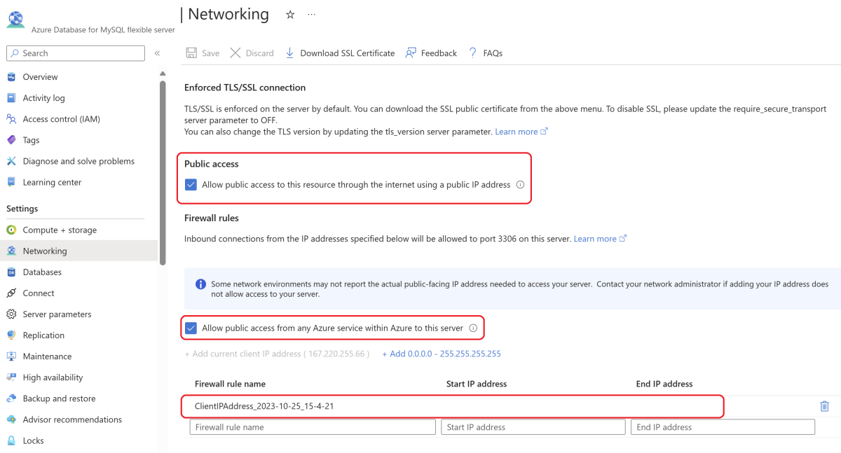 mysql データベース ネットワークを構成する画面のスクリーンショット。