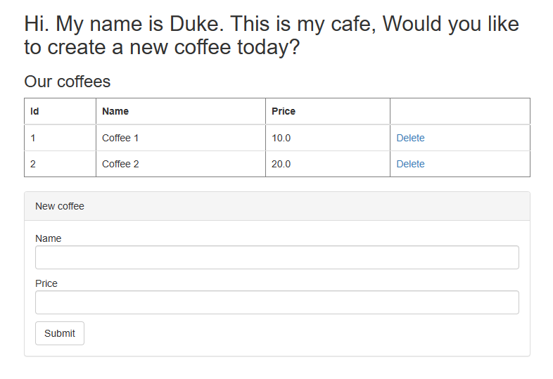 JavaEE Cafe Web UI のスクリーンショット。