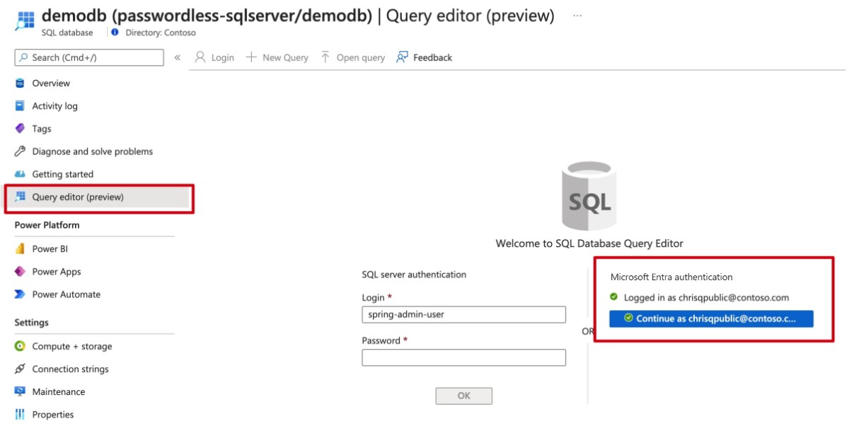 SQL Database クエリ エディターを示すAzure portalのスクリーンショット。