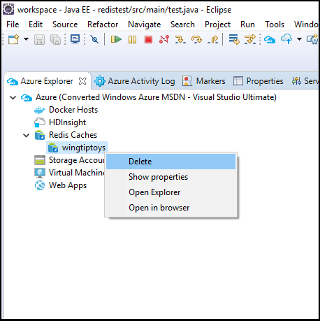 Redis Cache を削除する Azure Explorer のコンテキスト メニュー
