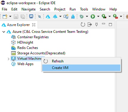 Azure Explorer の [VM の作成] オプション。
