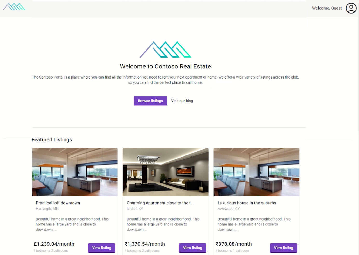 Screenshot of Contoso portal featuring several property listings with images, descriptions, and prices.