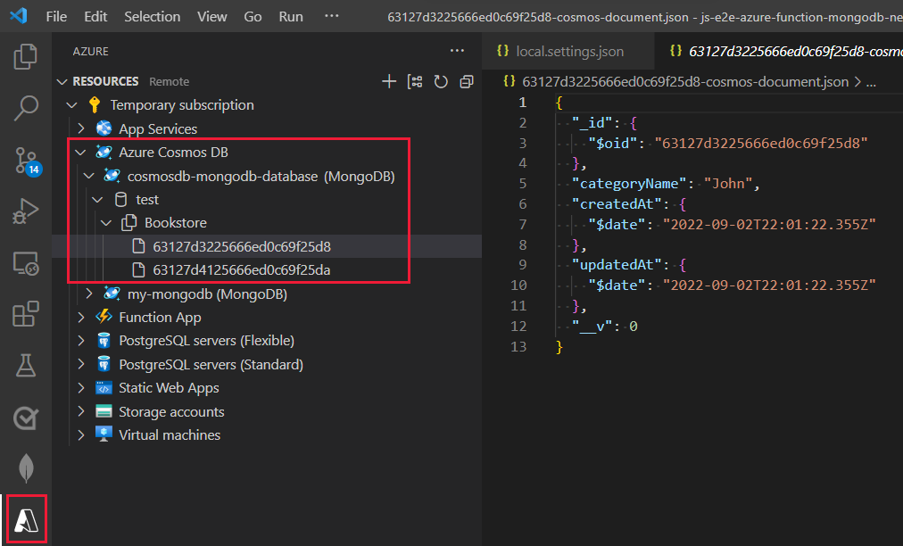 Visual Studio Code の部分的なスクリーンショット。Azure エクスプローラーのデータベースで、選択した項目が閲覧ウィンドウに表示されています。