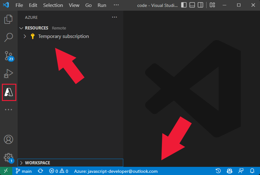 サブスクリプションが表示されている、VS Code の Azure エクスプローラー