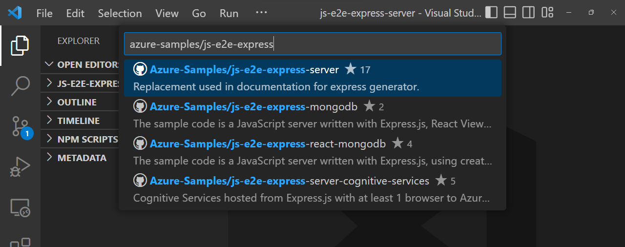 テキストに一致する可能な GitHub リポジトリを示す Visual Studio Code のスクリーンショット。