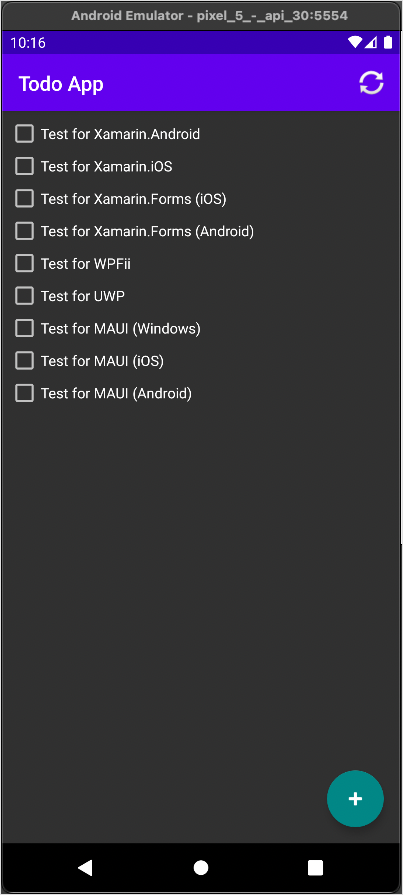 Mac で実行されている To Do リストを示す実行中の Android アプリのスクリーンショット。