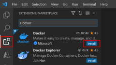 VS Code に Docker 拡張機能を追加する方法を示すスクリーンショット。