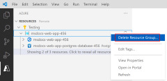 Visual Studio Code 内でリソース グループを削除する方法を示すスクリーンショット。