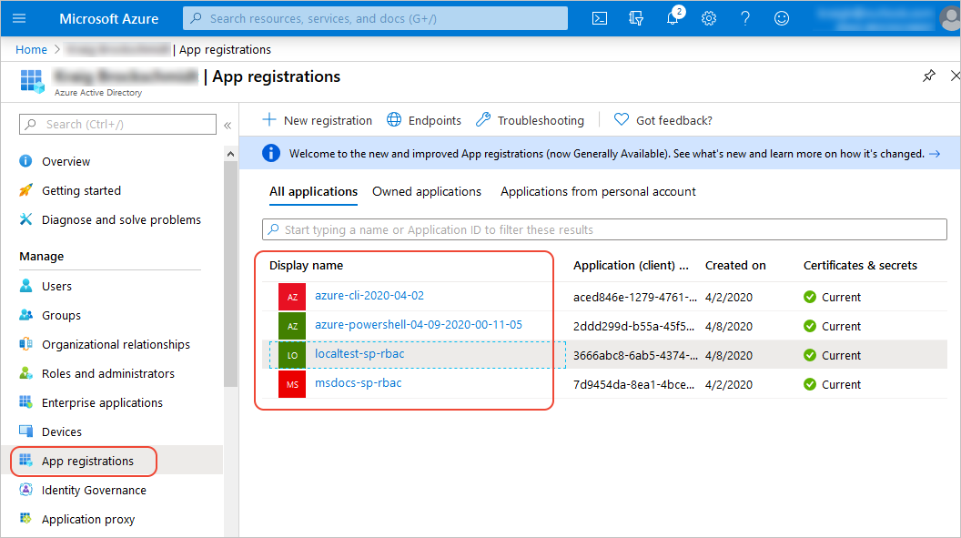 App registrations in the Azure Active Directory