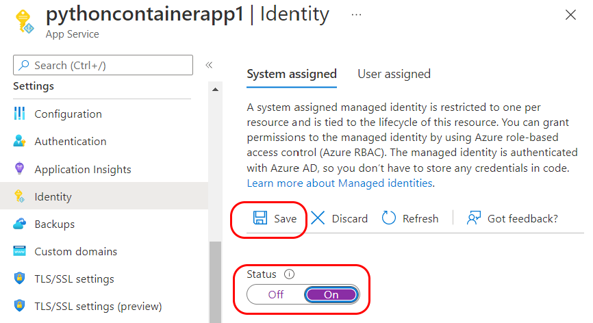 Azure portal で App Service のマネージド ID を有効にする方法を示すスクリーンショット。