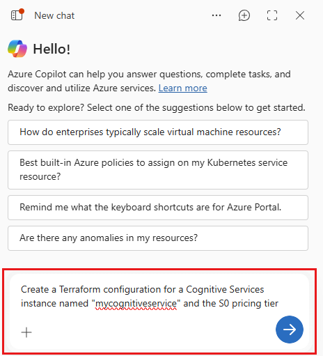 Azure Copilot プロンプトの例のスクリーンショット。