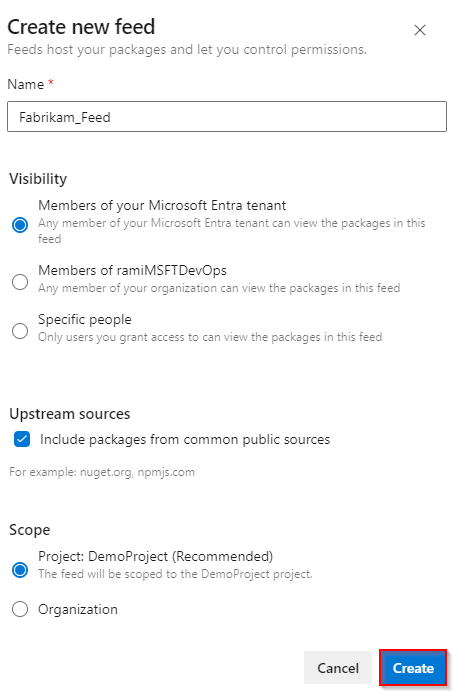 Azure DevOps Services で新しいフィードを作成する方法を示すスクリーンショット。