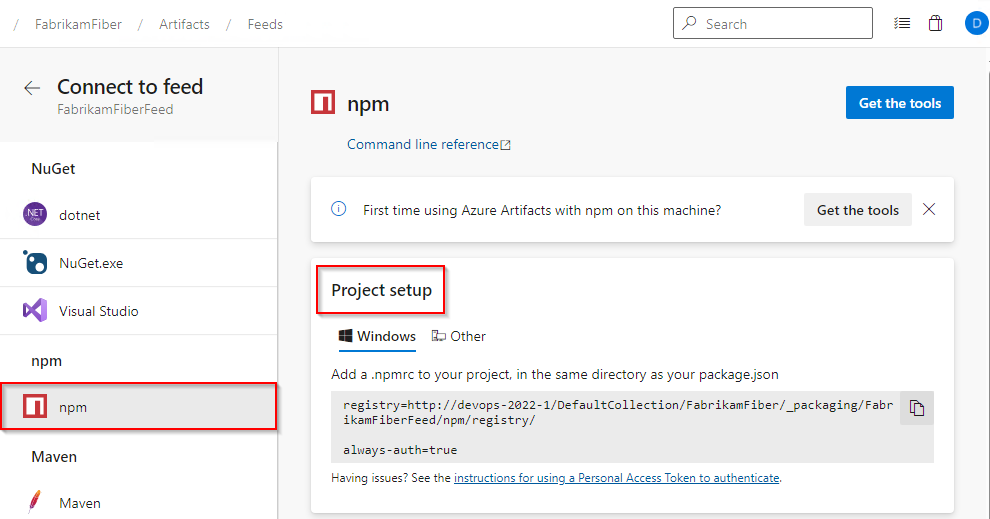 npm プロジェクトを設定し、Azure DevOps Server 2022 で Azure Artifacts フィードに接続する方法を示すスクリーンショット。