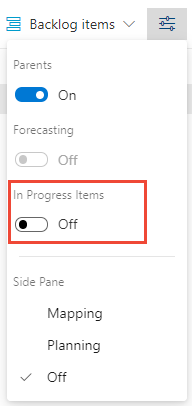 View options selector, In progress control.