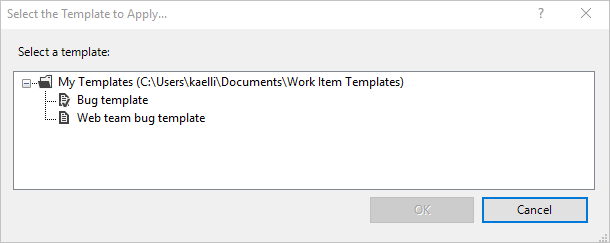 Screenshot of Apply template dialog from Visual Studio with Power Tools installed.