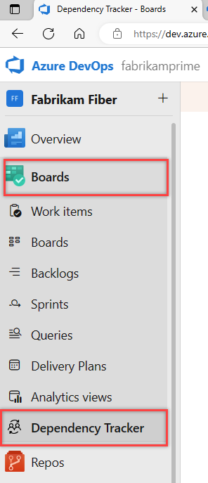 Azure Boards の Dependency Tracker ハブを示すスクリーンショット。