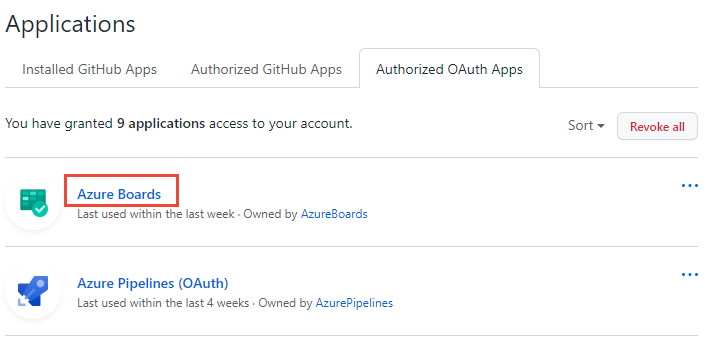 [認可された OAuth アプリ] タブのスクリーンショット、[Azure Boards] を選ぶ。