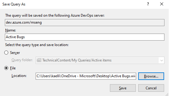 スクリーンショット、Visual Studio、クエリに名前をつけて WIQ ファイルとして保存するダイアログ。