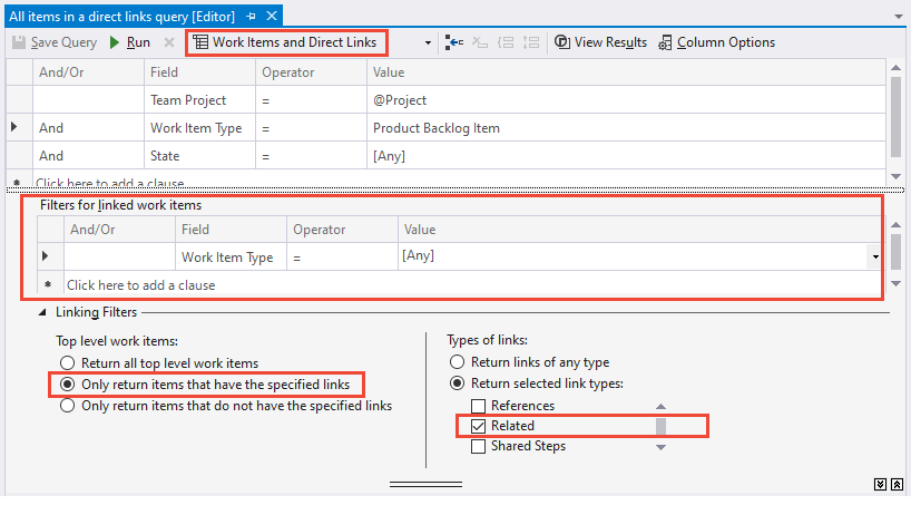 Screenshot、クエリ エディター、Direct Links Query、Team Explorer.