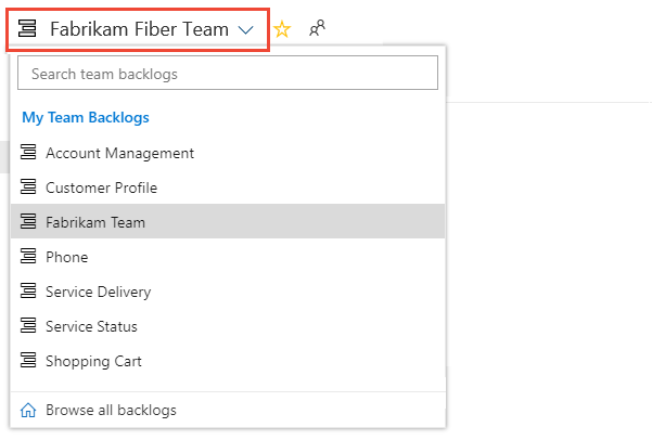 Fabrikam Fiber Team のドロップダウン リストには、検索ボックス、My Team Backlogs というタイトルのチーム バックログの一覧、すべてのバックログの参照ボタンが表示されます。