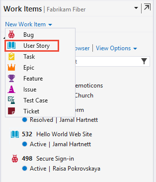 Visual Studio 2019 のスクリーンショット、作業項目ハブ、[新しい作業項目]、ユーザー ストーリーを選ぶ。