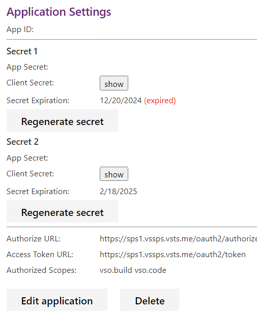 セカンダリ シークレットが生成されたアプリ ページのスクリーンショット。