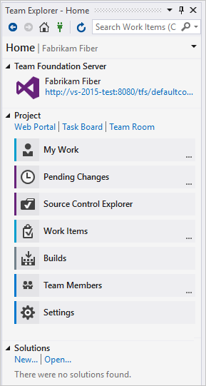 ソース管理としての TFVC を含むチーム エクスプローラーのホーム ページのスクリーンショット。