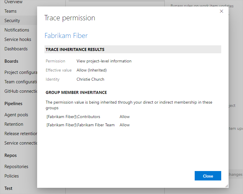 継承されたアクセス許可を示すトレースのスクリーンショット(Azure DevOps Server 2019)。