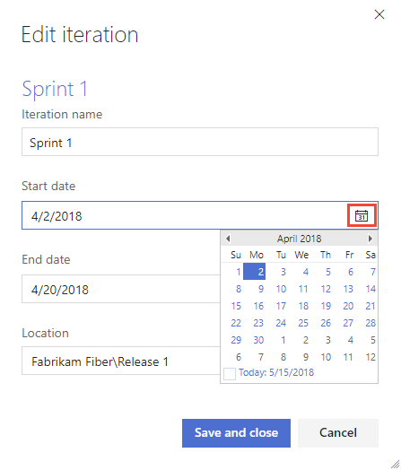 TFS 2018 で新しい日付を設定するための [作業]、[イテレーション] ページ、および予定表アイコンのスクリーンショット。