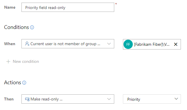 カスタム ルール、現在のユーザーがグループのメンバーではない、優先度フィールドを読み取り専用にする