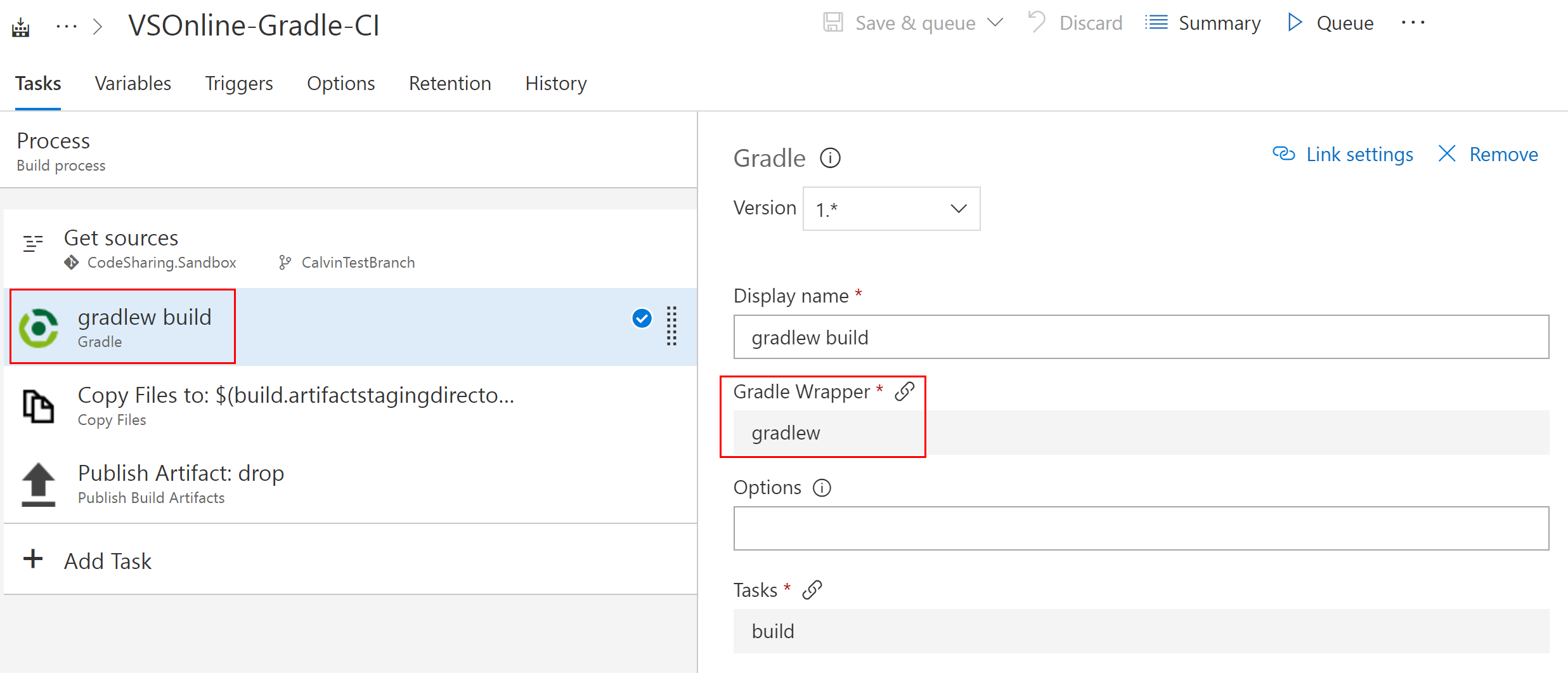 Gradle タスクを示すスクリーンショット