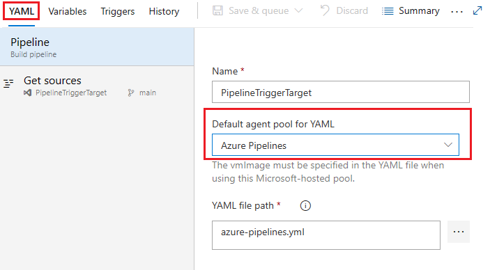 YAML パイプラインの既定のエージェント プールのスクリーンショット。