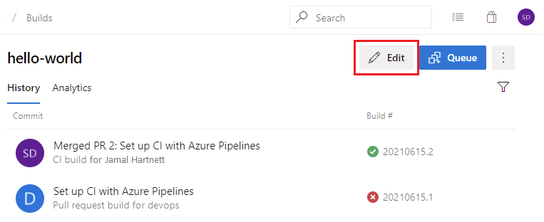 Azure DevOps Server 2019 Update 1 の Azure Pipelines YAML 編集ボタン。