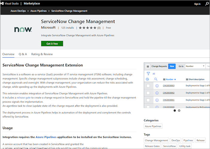 ServiceNow Change Management 拡張機能を示すスクリーンショット。