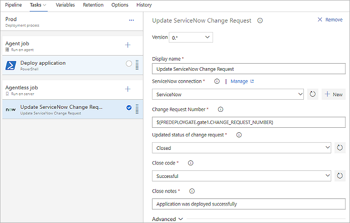 ServiceNow 変更要求の更新タスクを構成する方法を示すスクリーンショット。